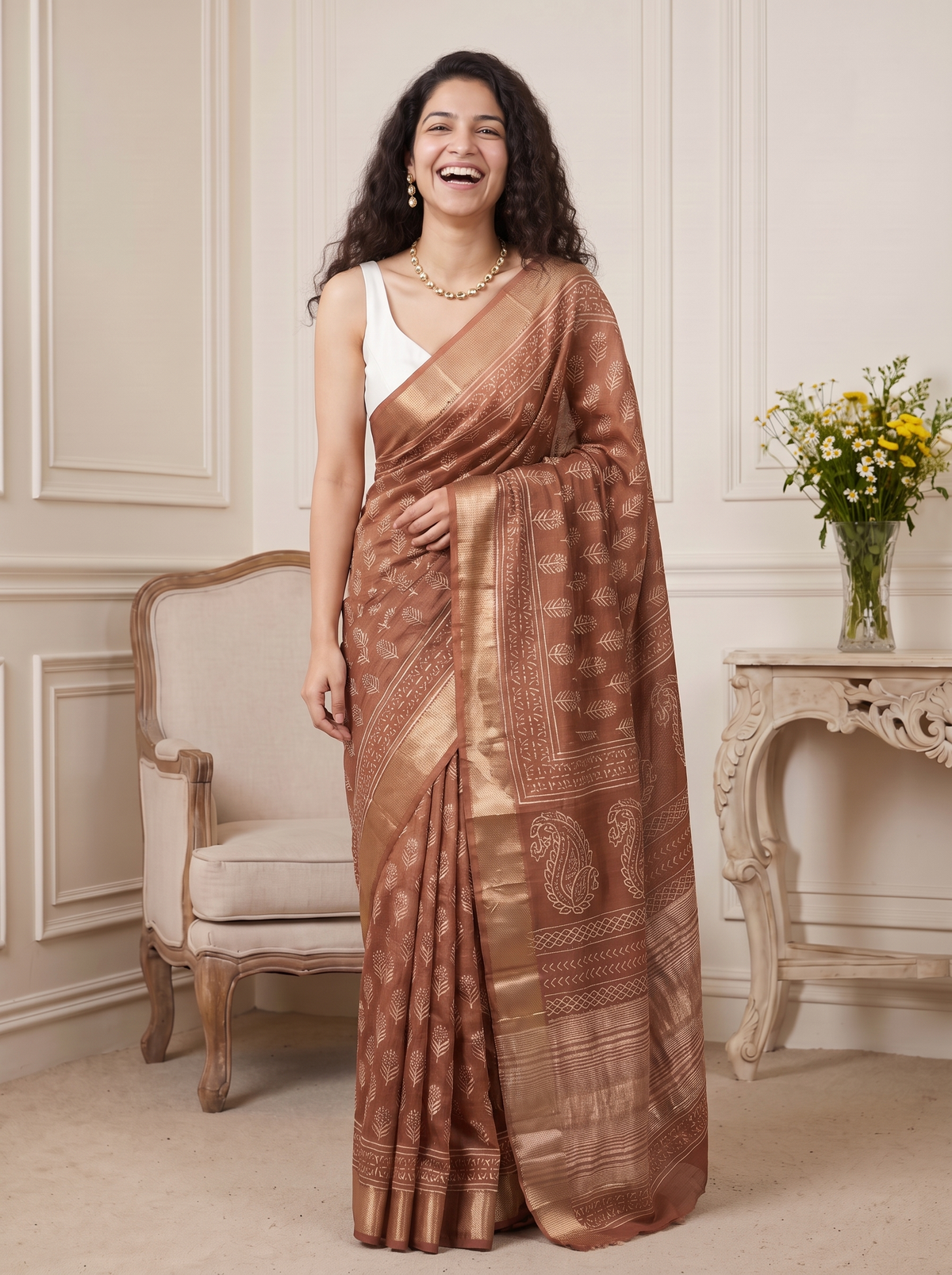 Golden Brown Maheshwari Cotton Silk Saree