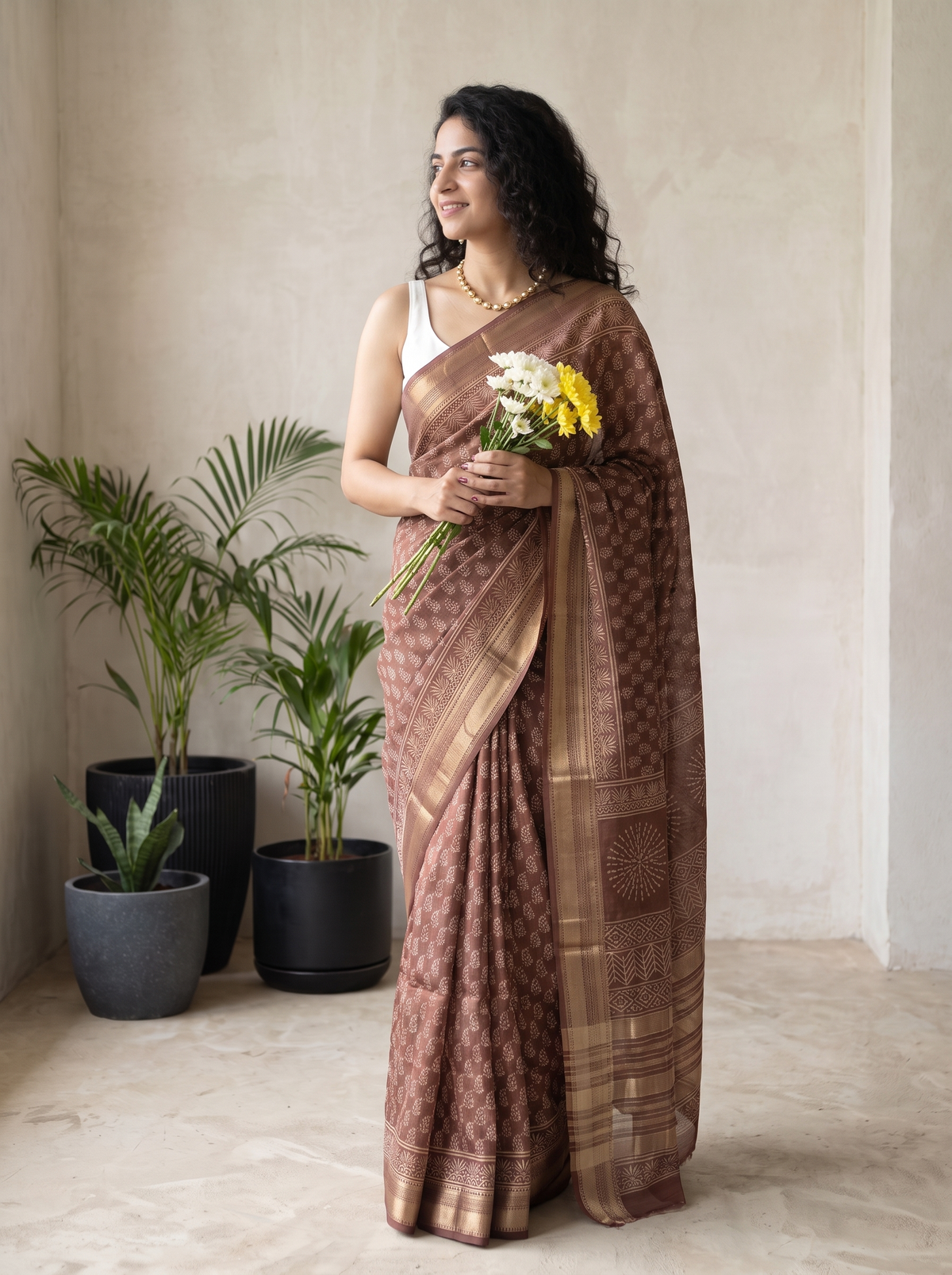 Dusty Brown Maheshwari Cotton Silk Saree