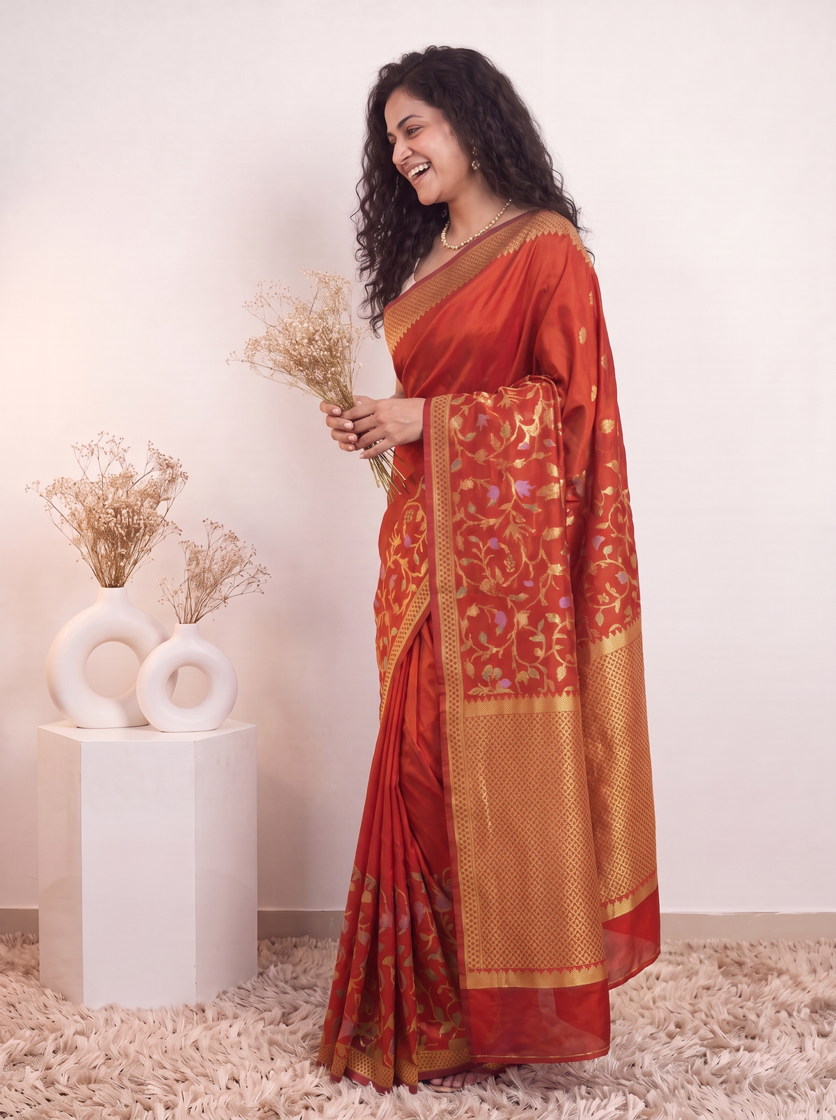 Rust Red Banarasi Silk Saree