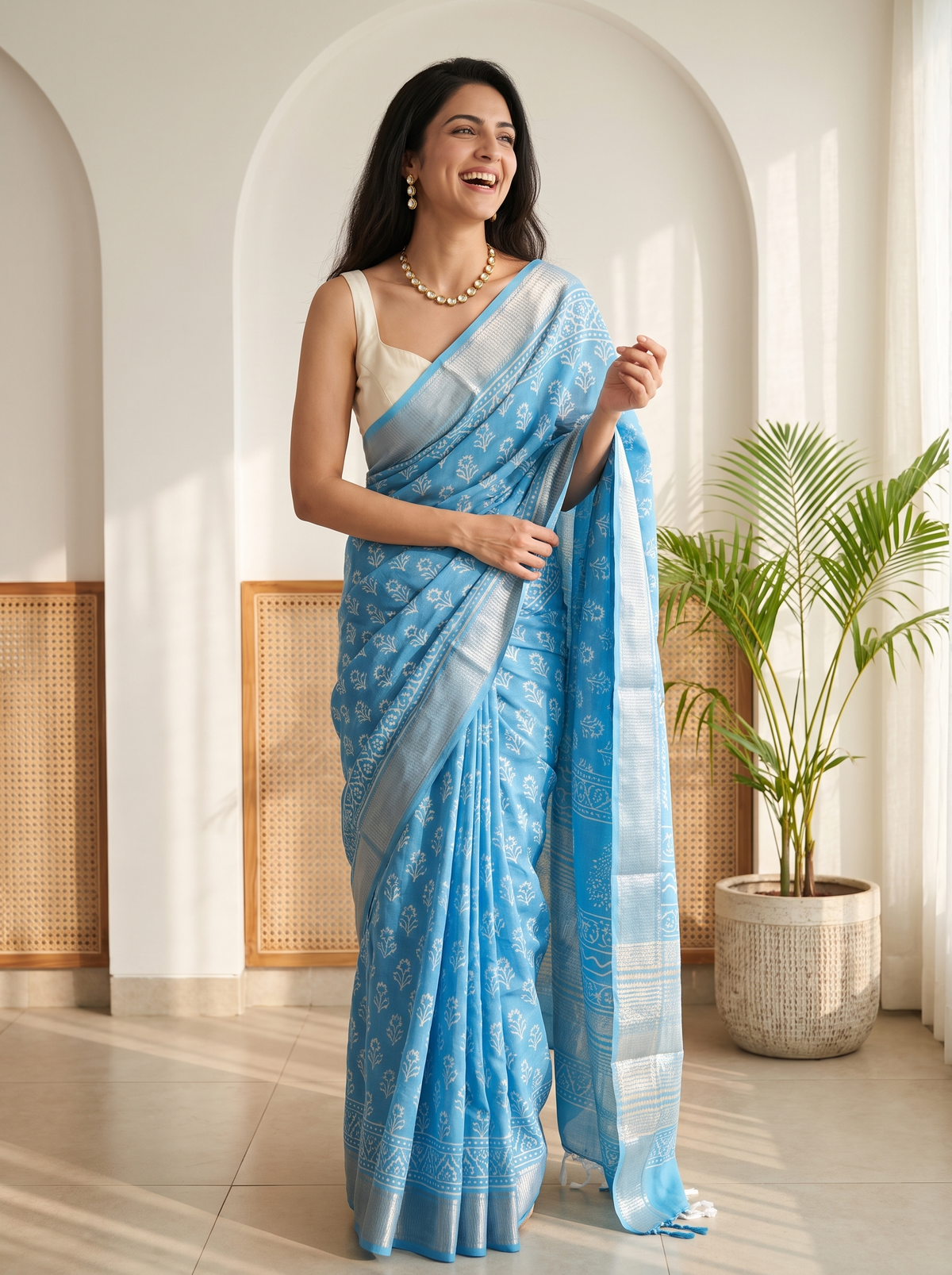 Cloud Blue Maheshwari Cotton Silk Saree