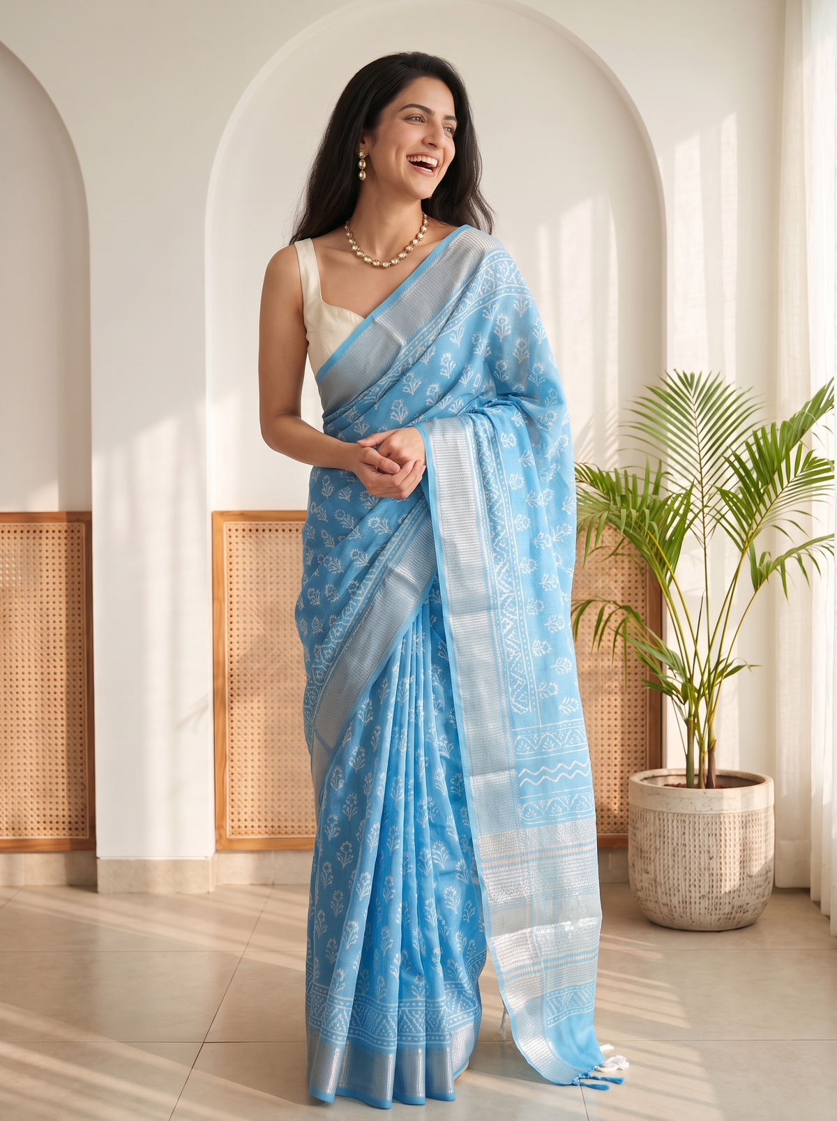 Cloud Blue Maheshwari Cotton Silk Saree