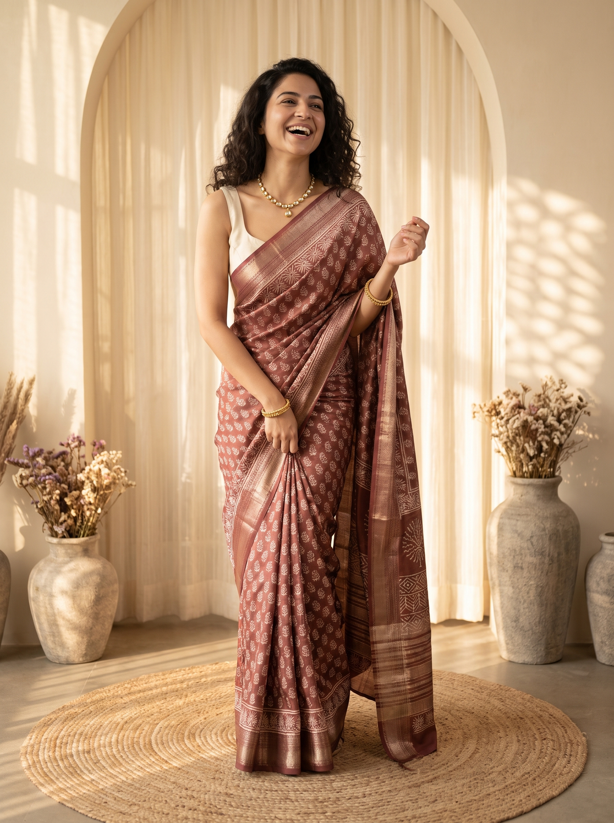 Tan Maheshwari Cotton Saree