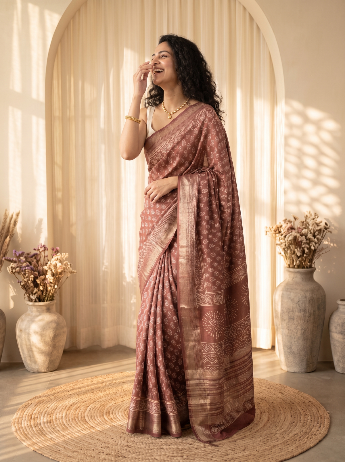 Tan Maheshwari Cotton Saree