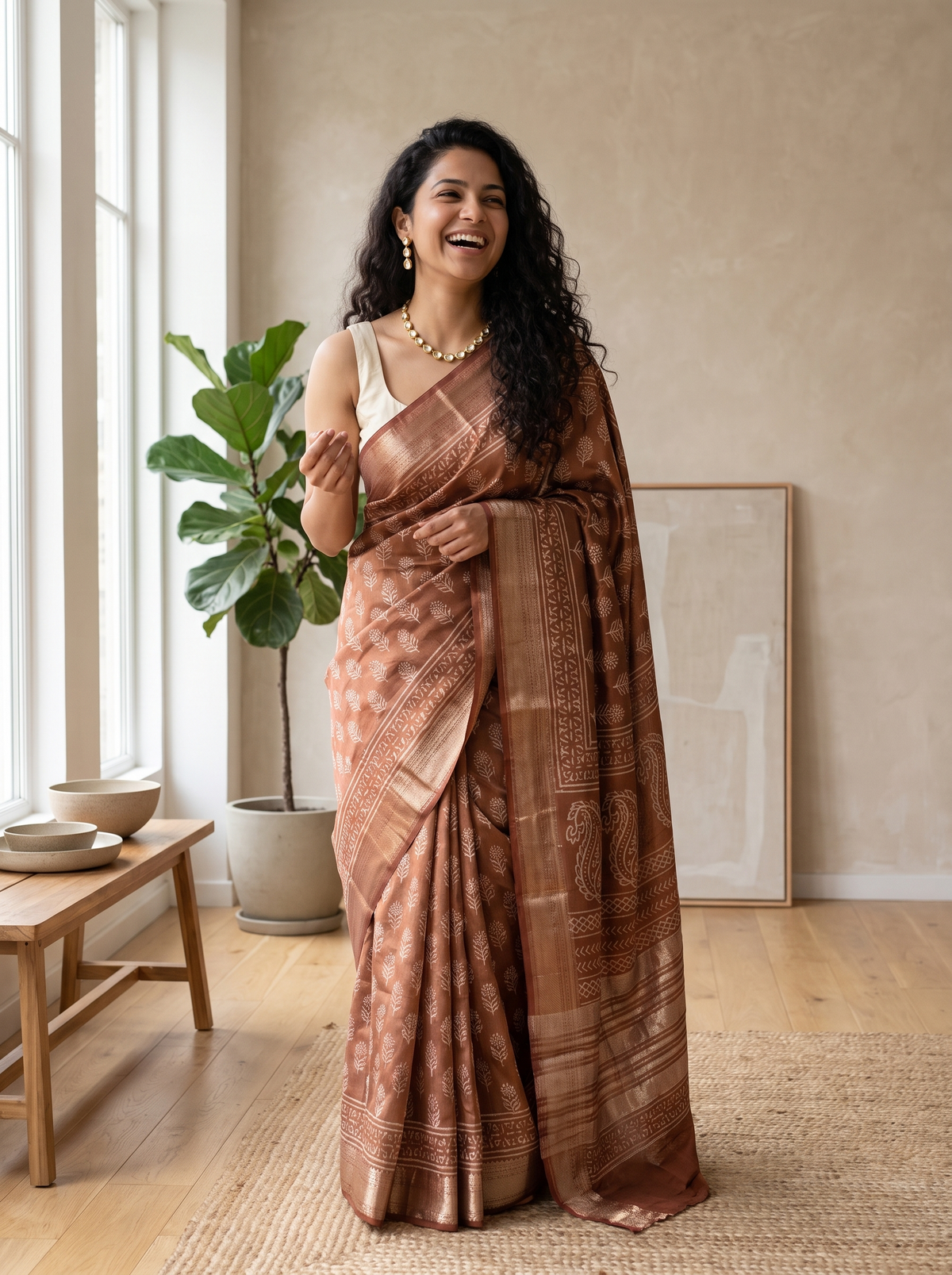 Caramel Maheshwari Cotton Silk Saree
