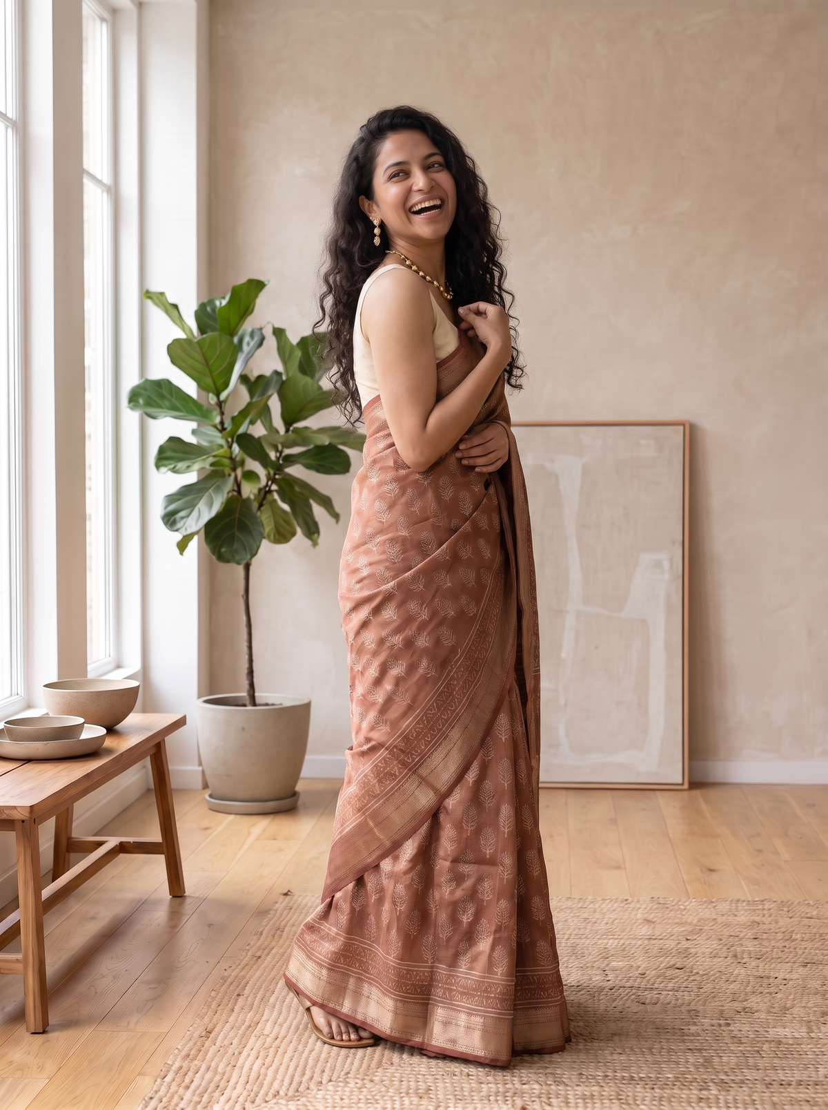 Caramel Maheshwari Cotton Silk Saree