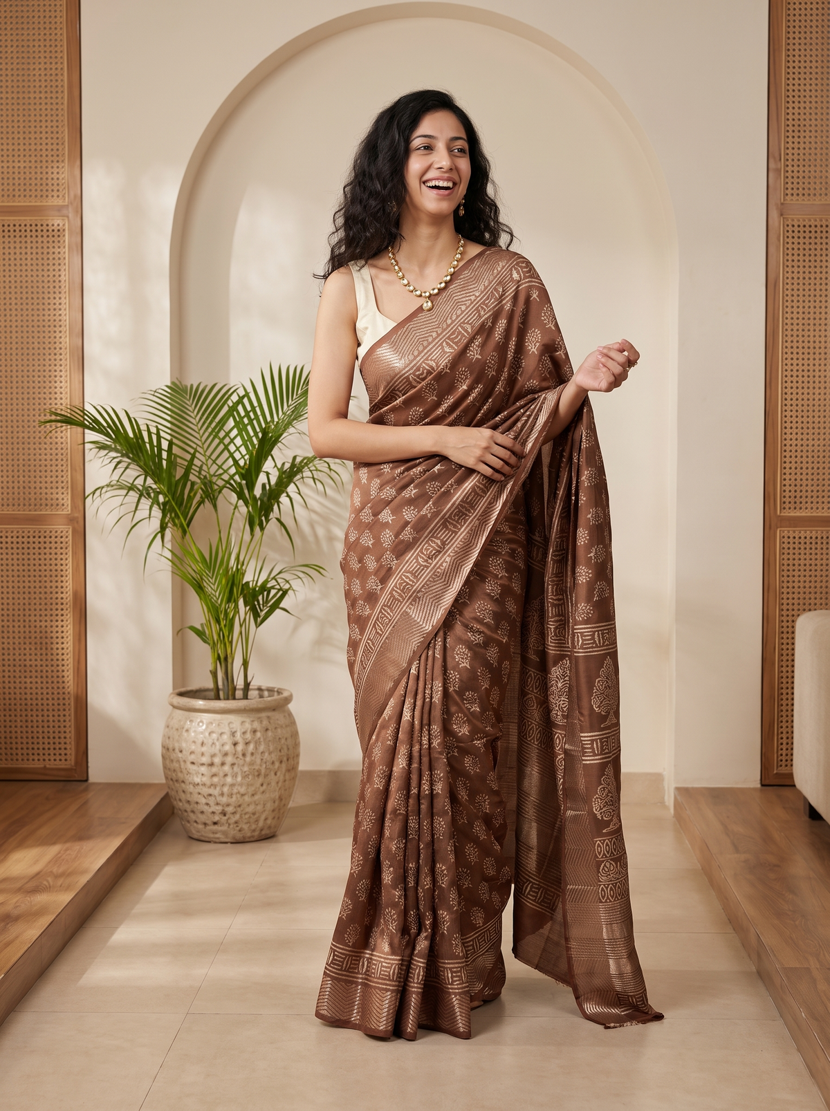 Mocha Beige Maheshwari Cotton Silk Saree