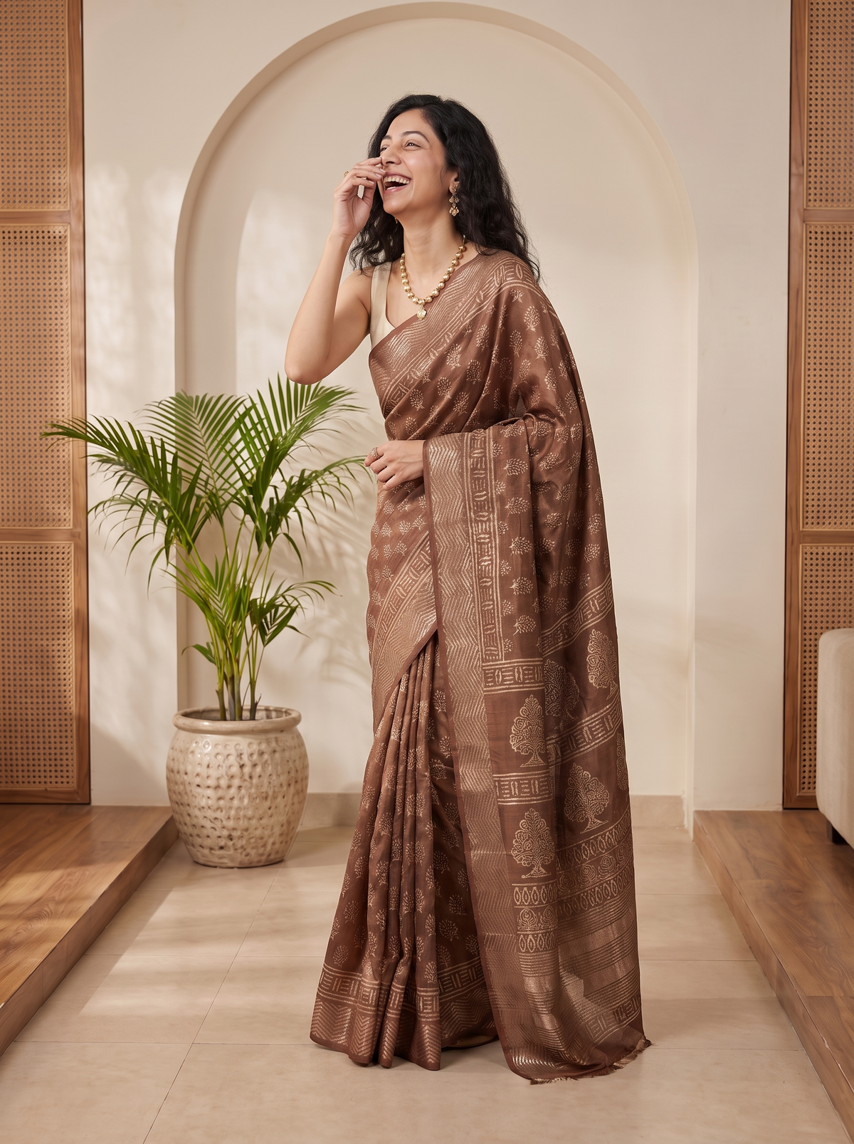Mocha Beige Maheshwari Cotton Silk Saree