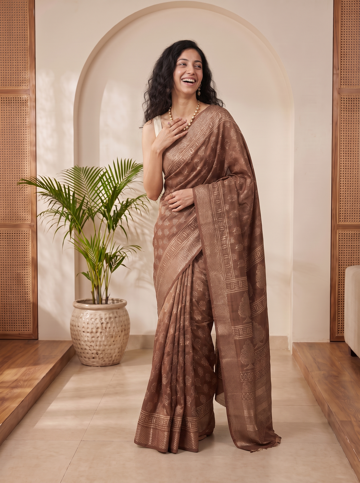 Mocha Beige Maheshwari Cotton Silk Saree