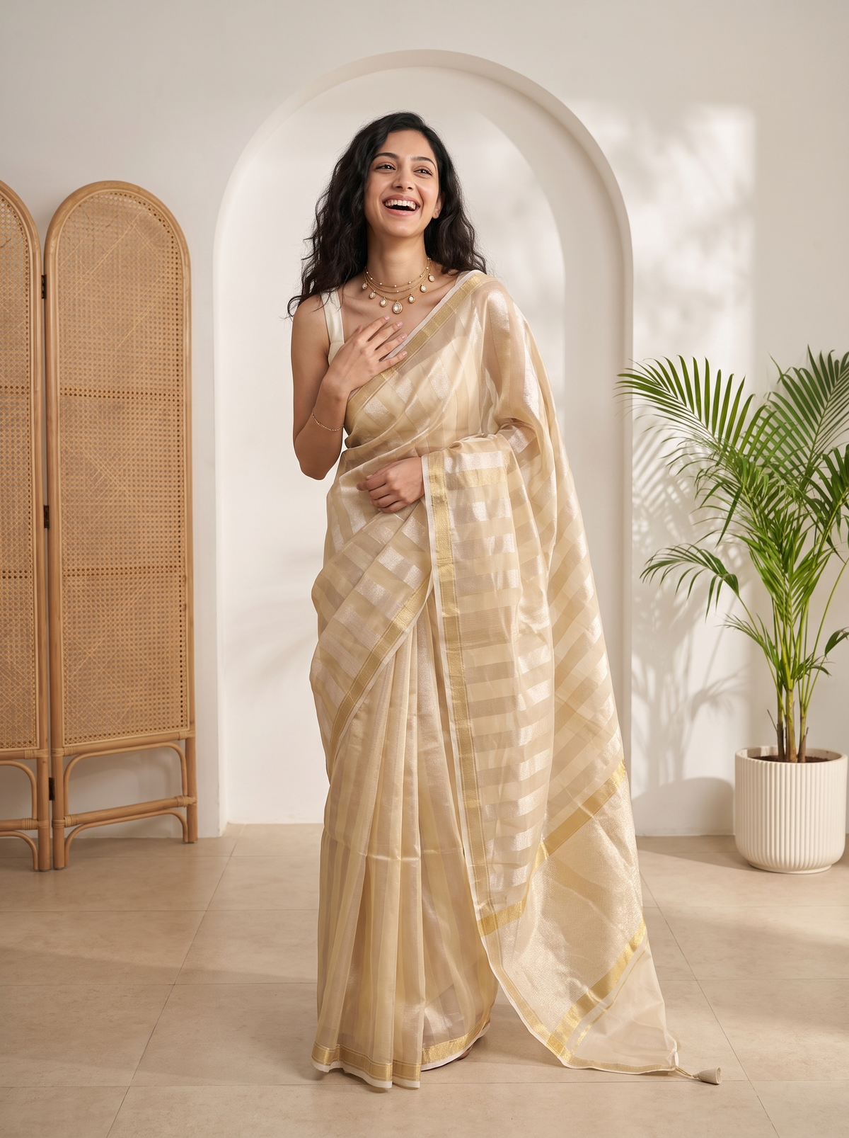 Golden Beige Kora Tissue Saree