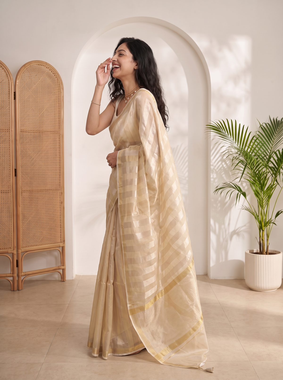 Golden Beige Kora Tissue Saree