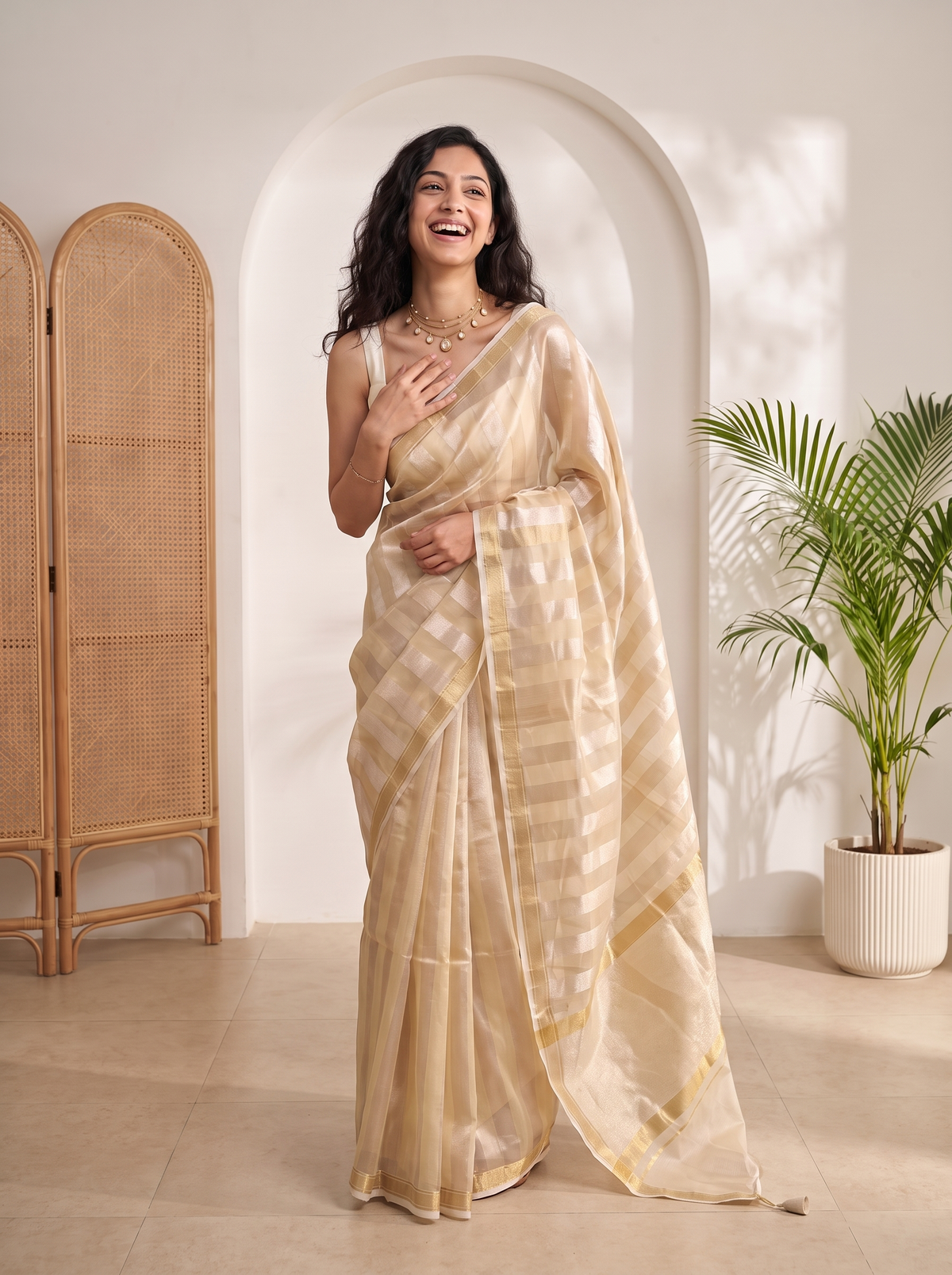Golden Beige Kora Tissue Saree