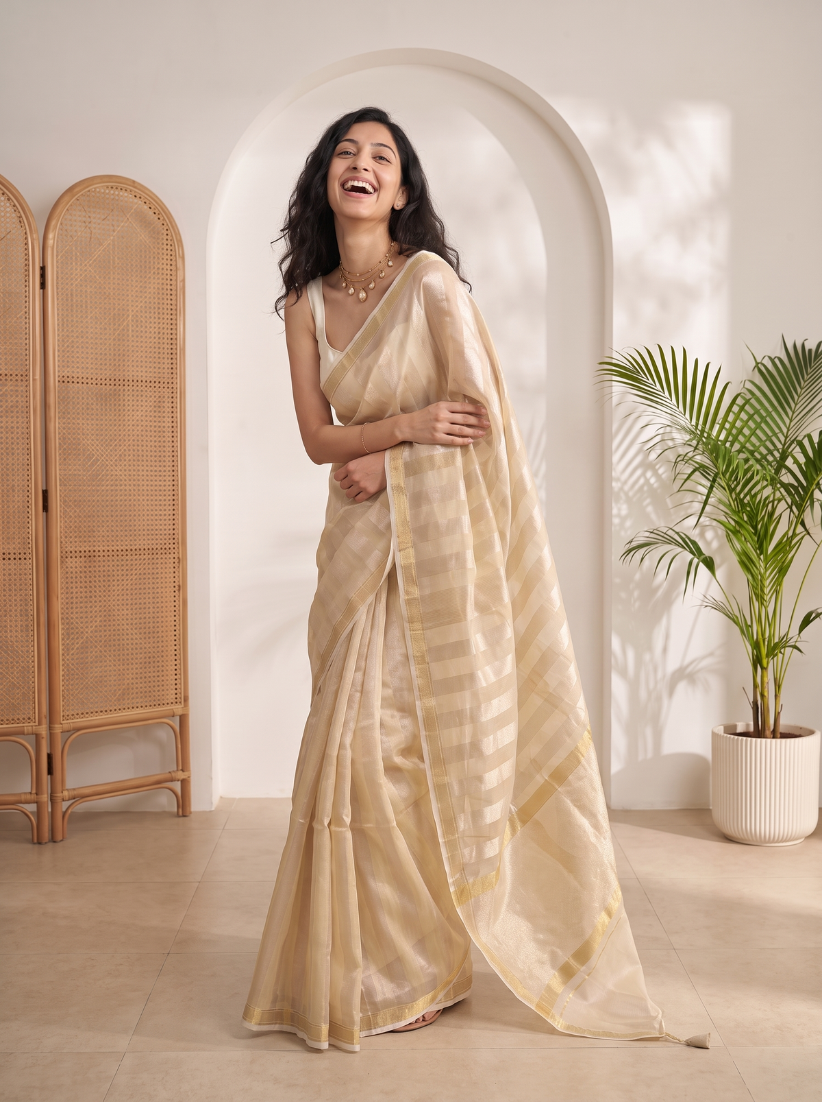 Golden Beige Kora Tissue Saree