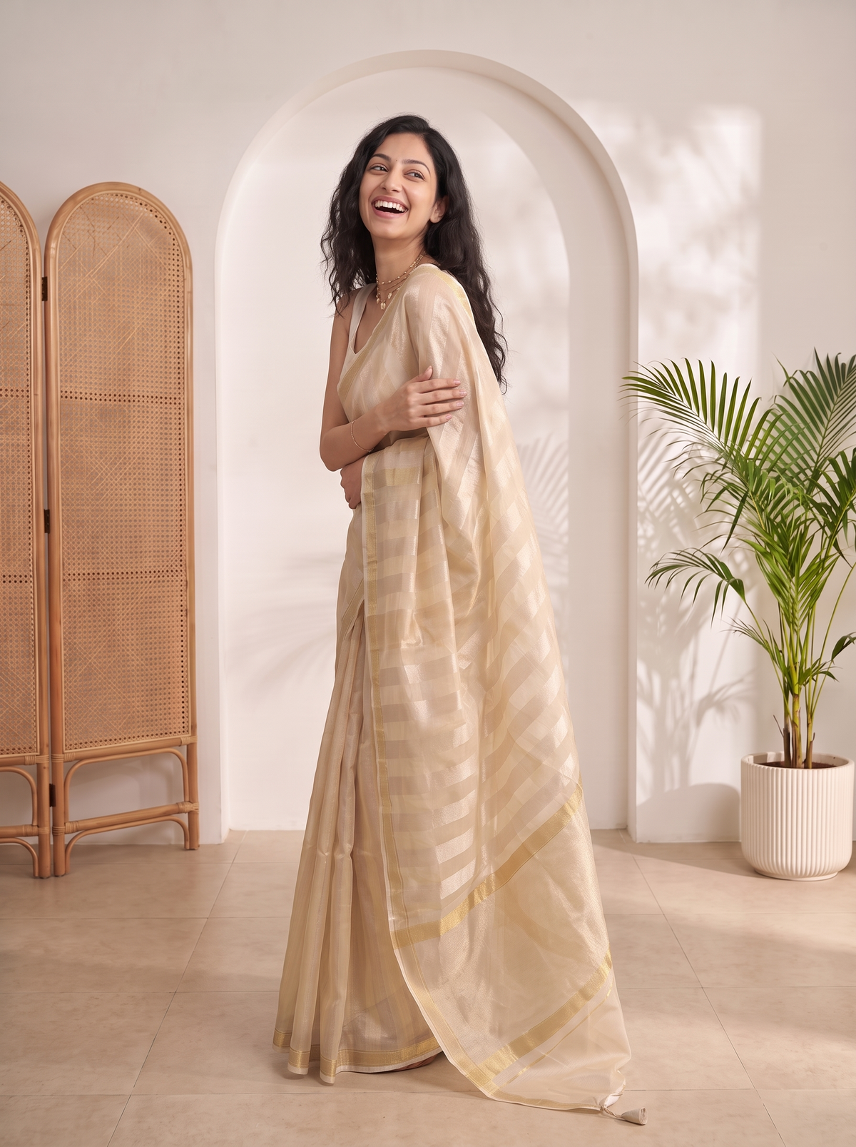 Golden Beige Kora Tissue Saree