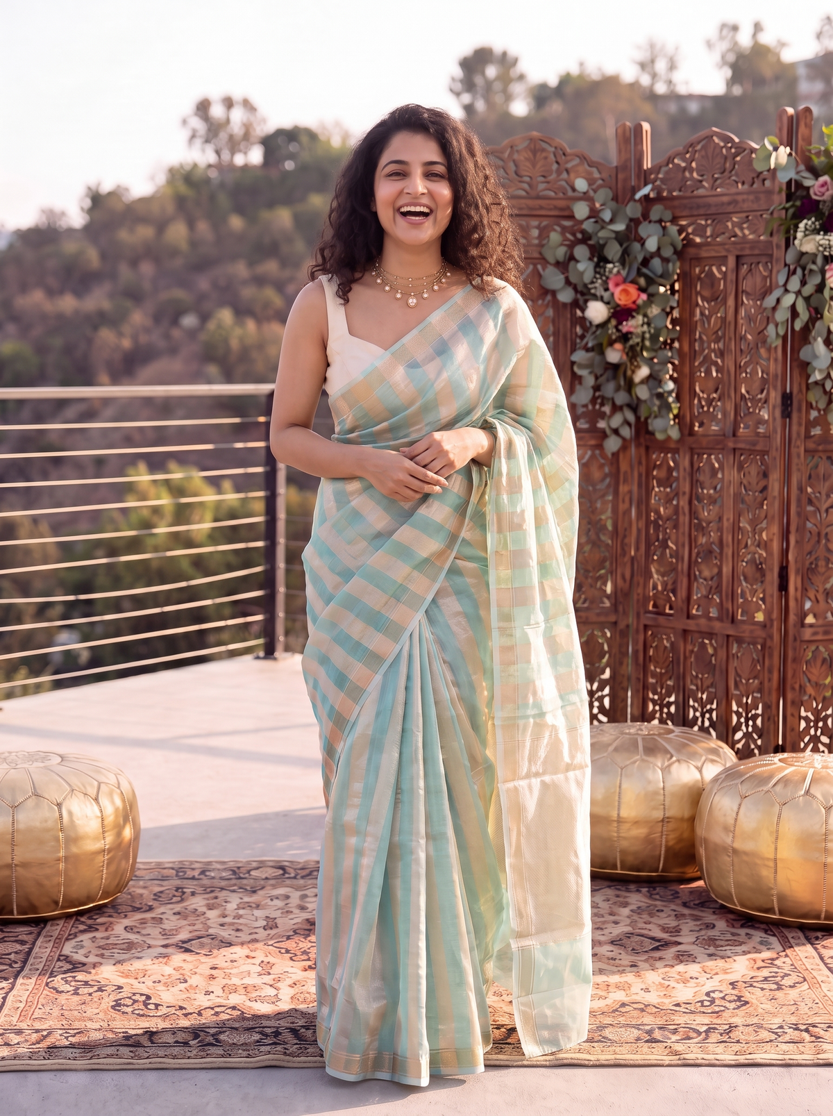 Ice Blue Gold Kora Tissue Saree