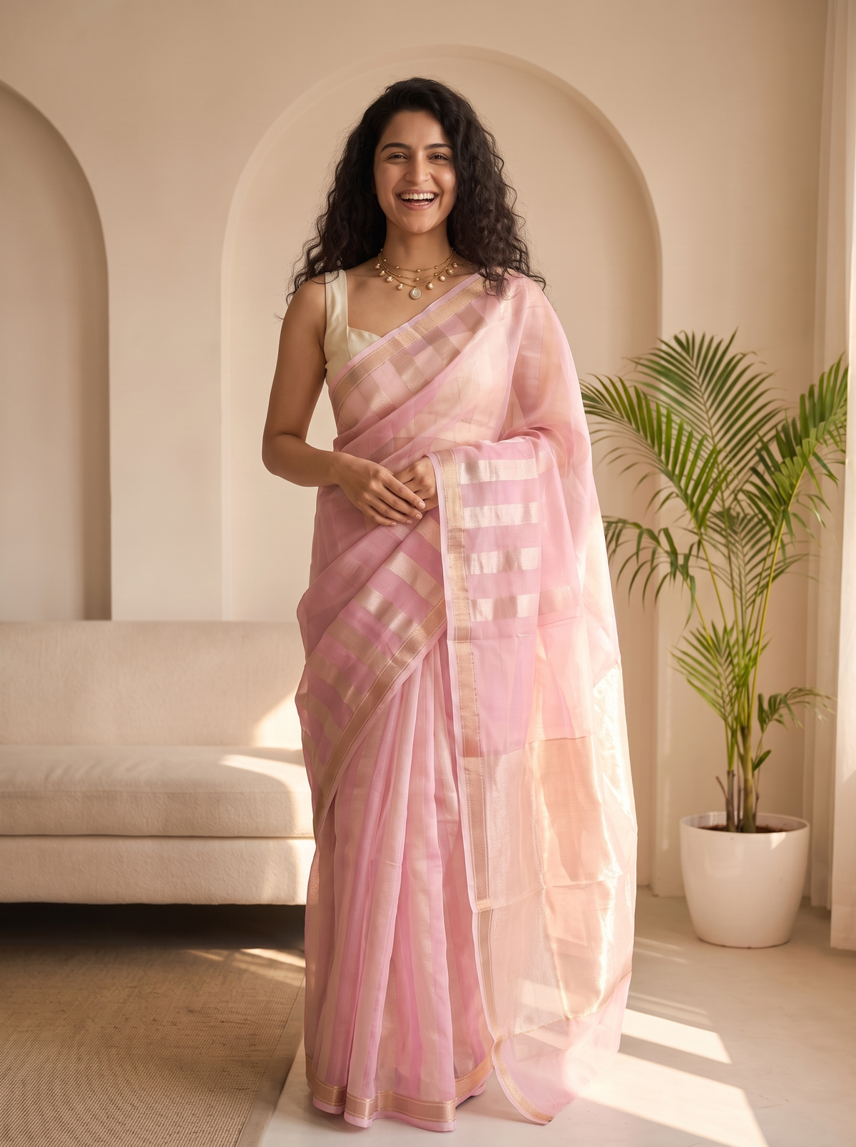 Pink Pearl Kora Tissue Saree