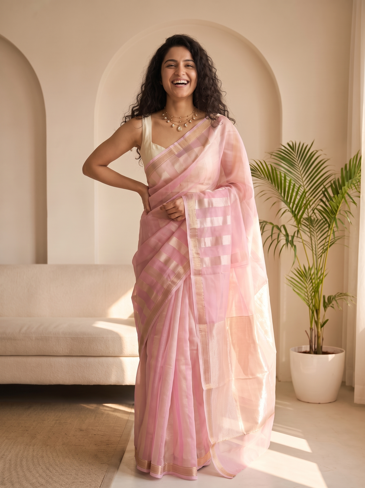 Pink Pearl Kora Tissue Saree