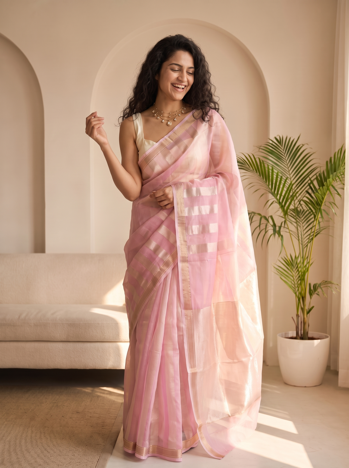Pink Pearl Kora Tissue Saree