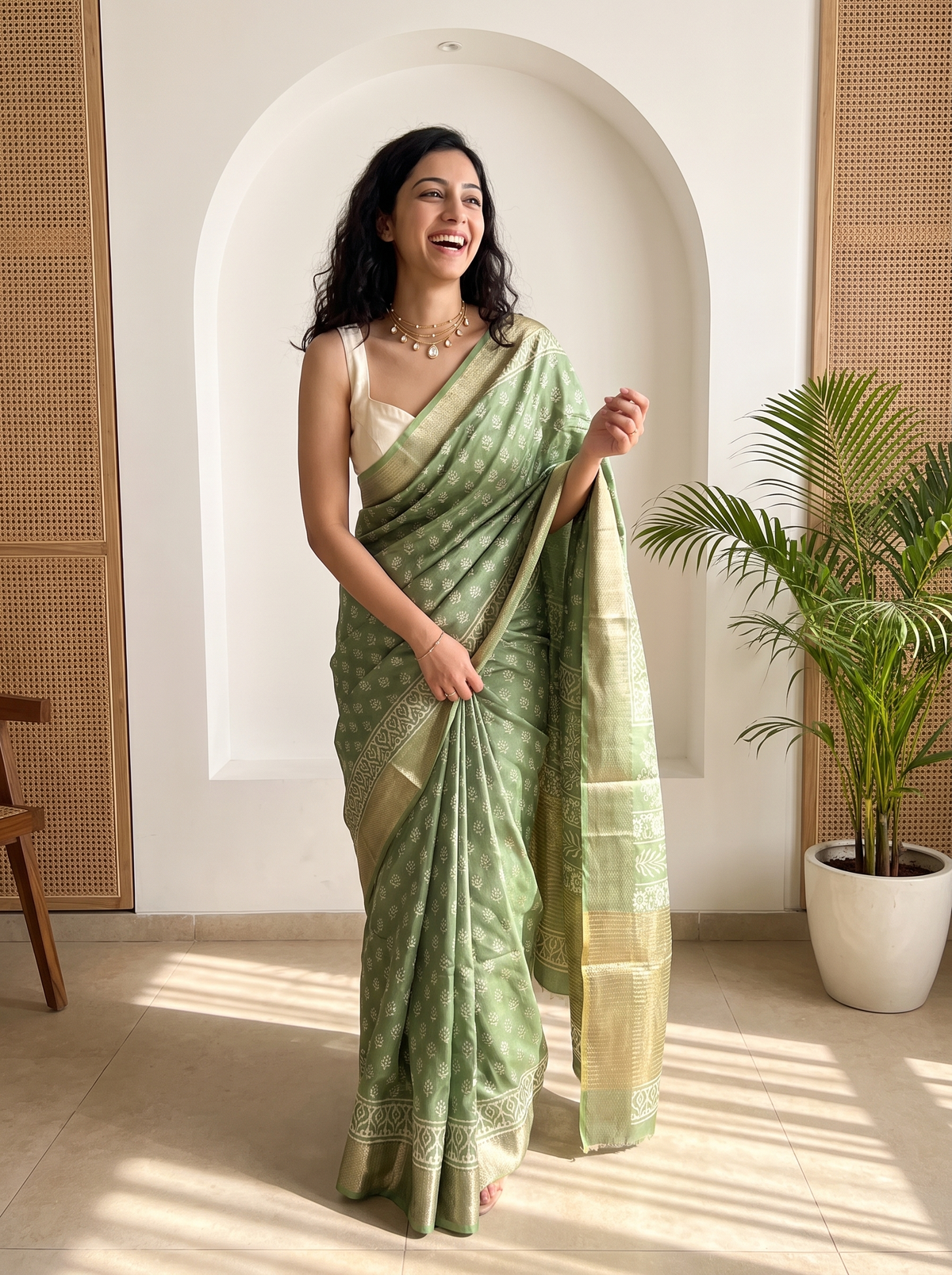 Moss Green Maheshwari Cotton Silk Saree
