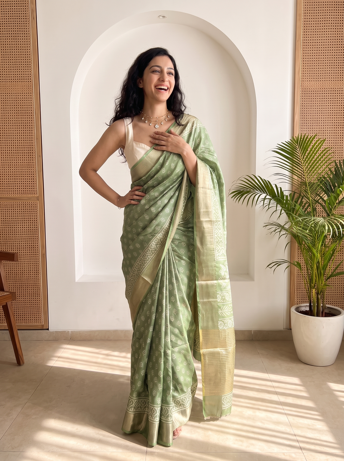Moss Green Maheshwari Cotton Silk Saree
