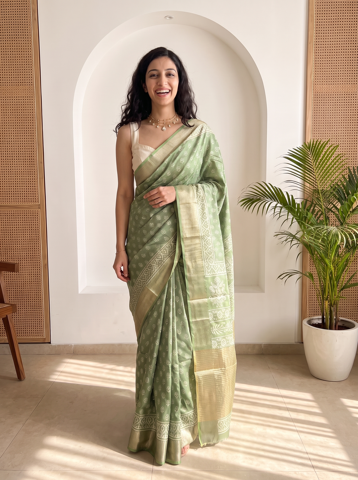 Moss Green Maheshwari Cotton Silk Saree
