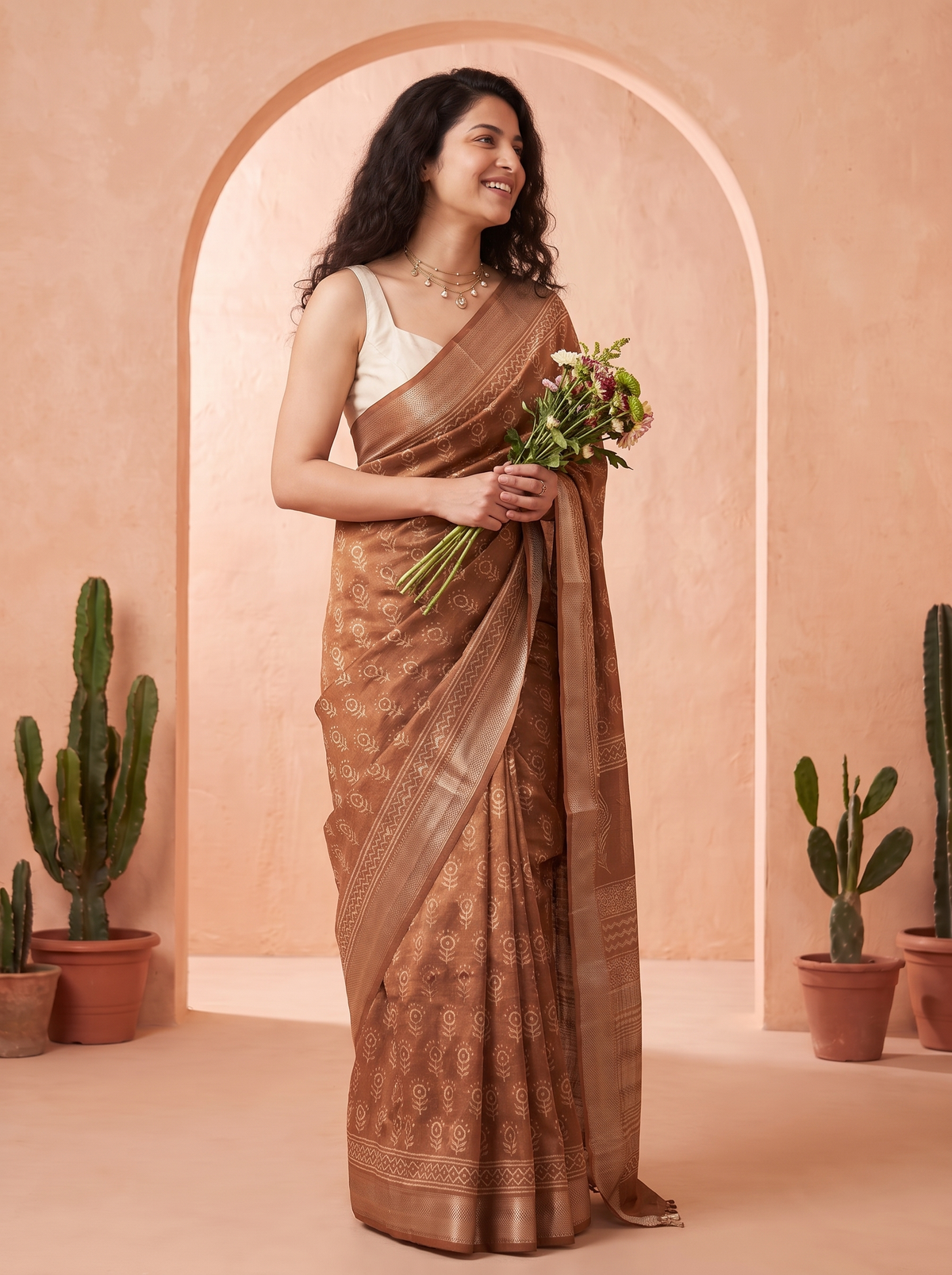Mocha Royale Maheshwari Saree
