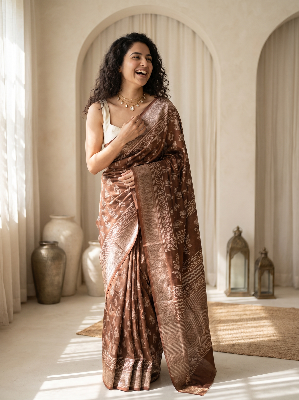 Rajwada Brown Maheshwari Saree