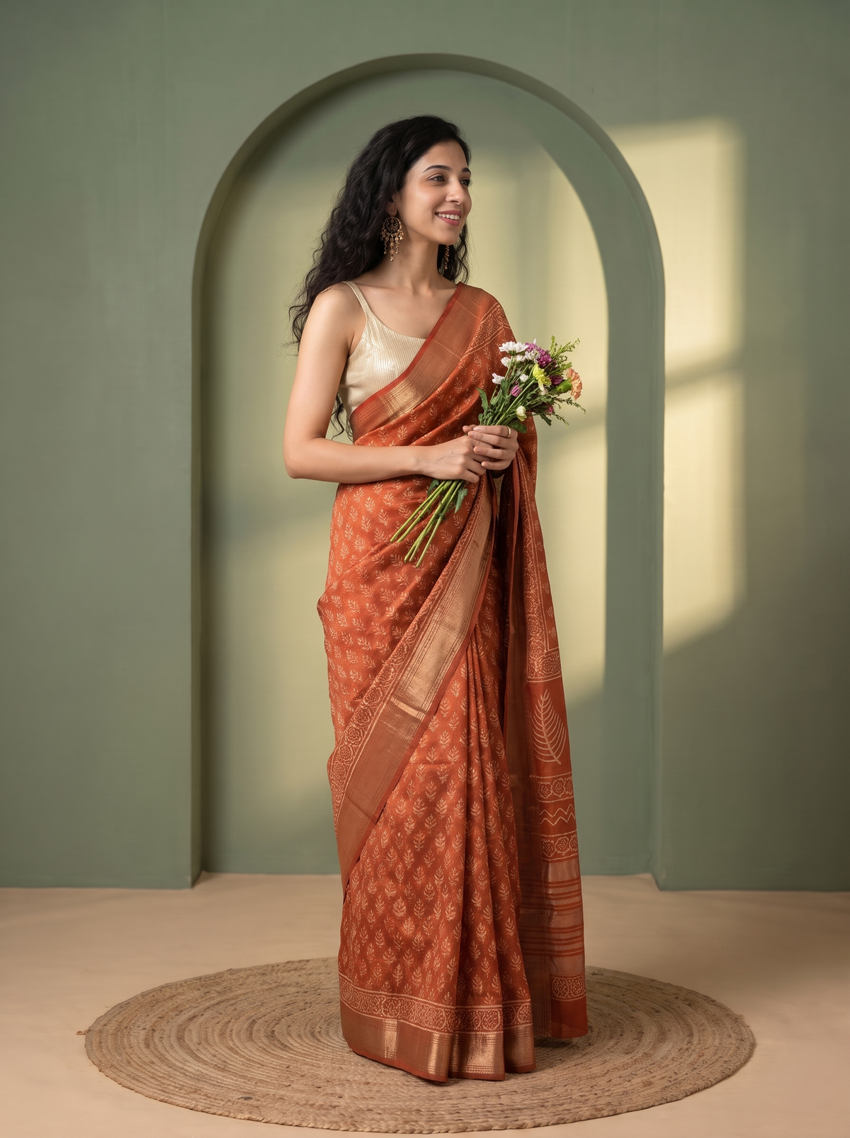 Sunehri Maheshwari Cotton Silk Saree