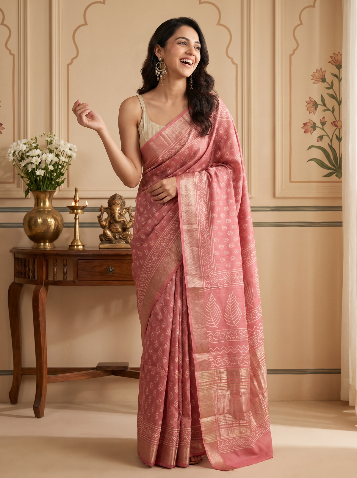 Gulabi Noor Maheshwari Cotton Silk Saree