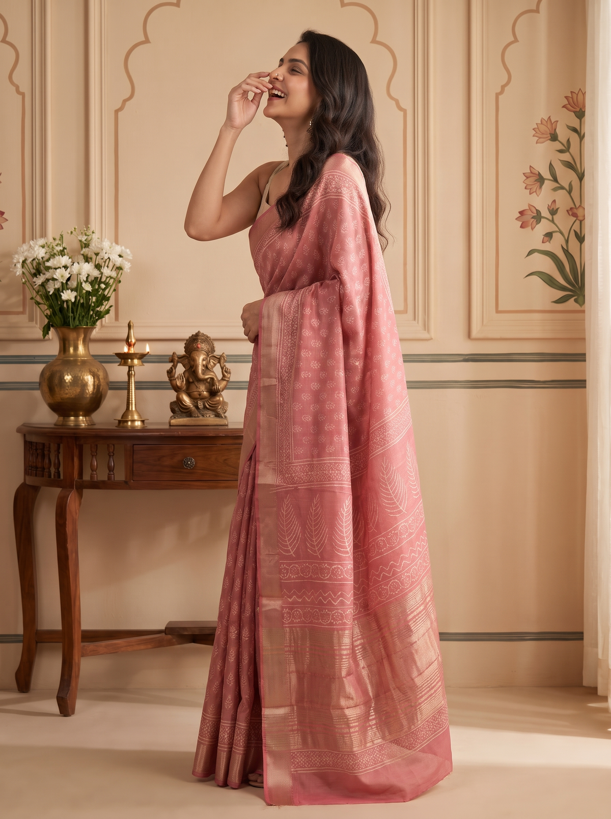 Gulabi Noor Maheshwari Cotton Silk Saree