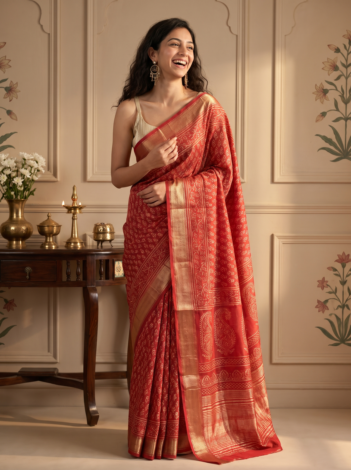 Gulaabi Mirchi Maheshwari Cotton Silk Saree