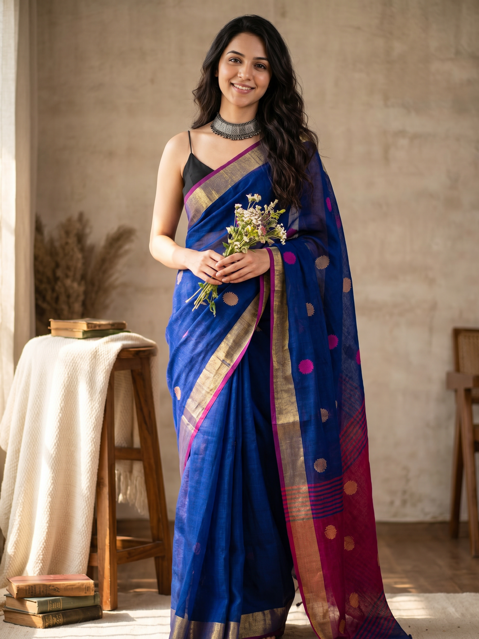 Resham Boondein Linen Saree