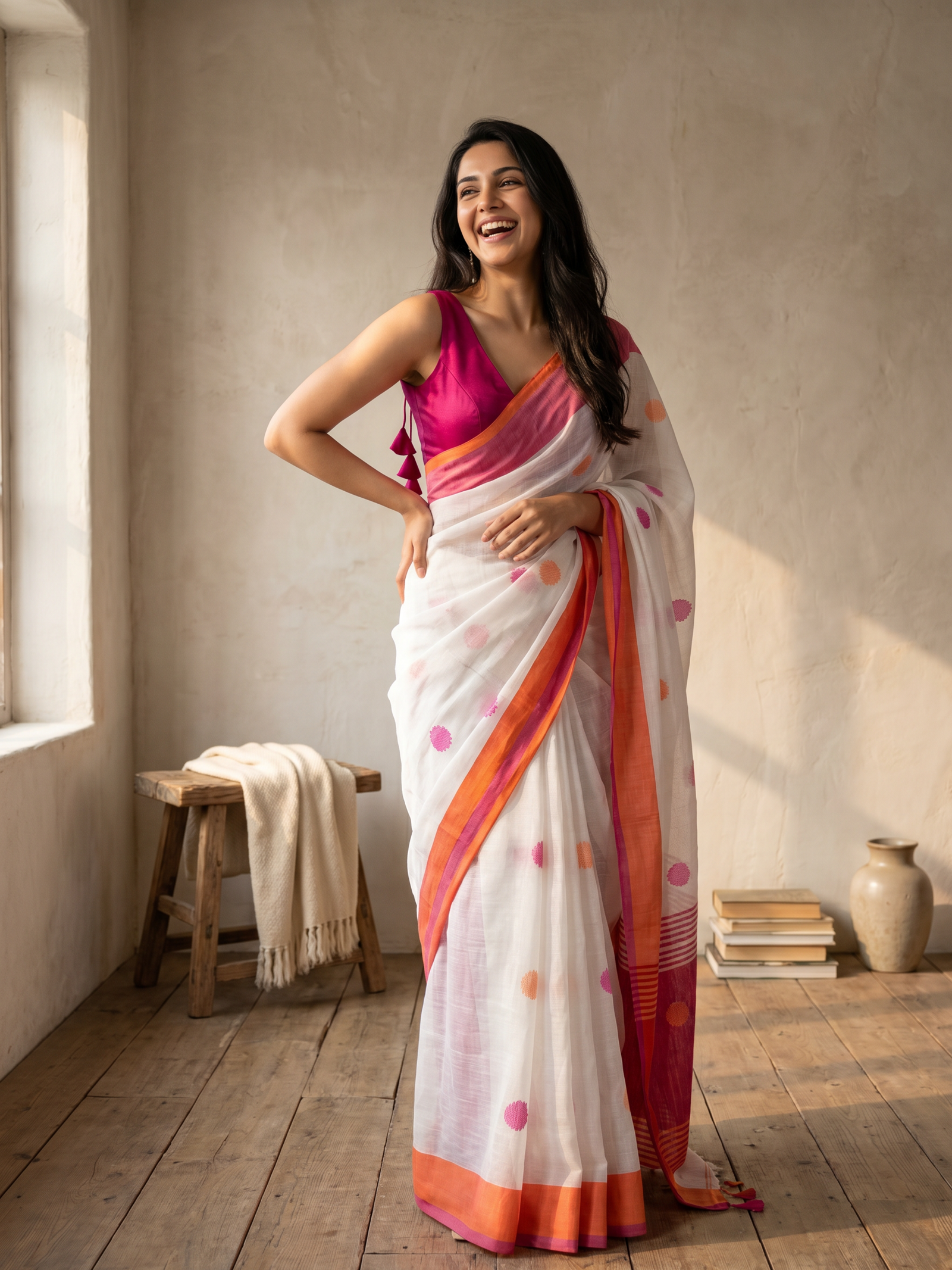 Bindi Rang Linen Saree